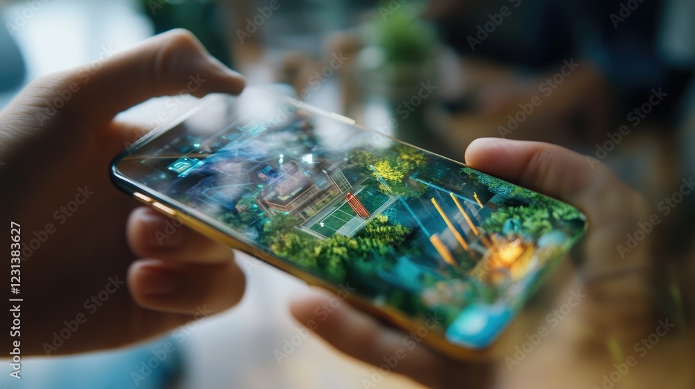 Poster A close-up of a smartphone screen displaying augmented reality elements, seamlessly merging with the real world, showcasing innovative tech integration