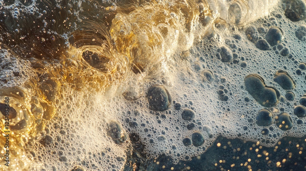 Poster a close-up of a smooth, transparent water surface with bubbles and splashes, perfect for calming or 
