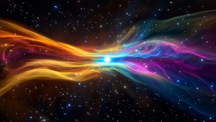 A nebula of swirling gas and dust, with vibrant colors representing different interstellar clouds. In the center is an ethereal light source emitting from a single point. 