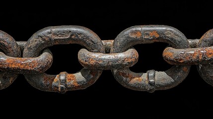 Fototapeta premium A close-up of a worn, rusted chain and padlock on a black background, symbolizing strength, protection, and security in a gritty, industrial setting