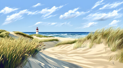 dunes with tufts of wild grass, a distant lighthouse, and the ocean waves rolling in 