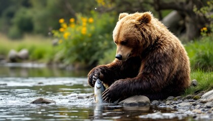 Obraz premium Grizzly Bear Catching Salmon River Wildlife Photography