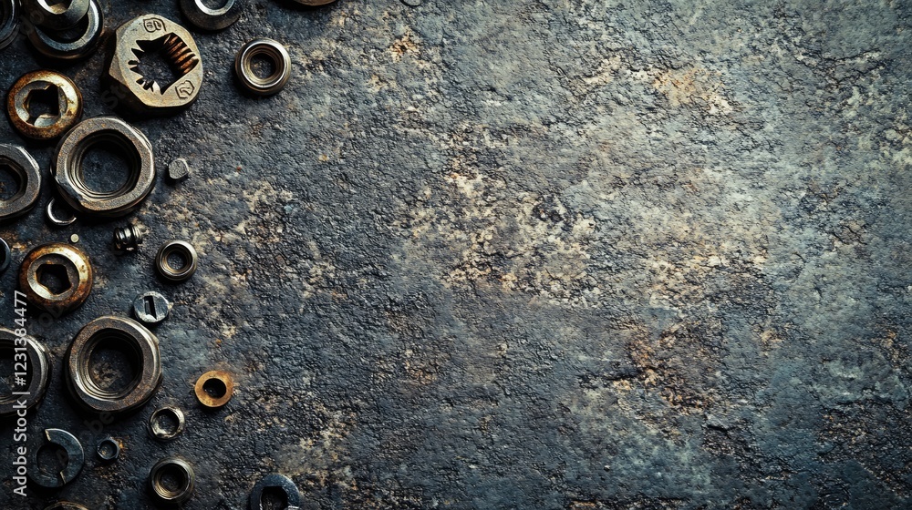 Poster A close-up of scattered nuts and bolts on a textured surface, creating a mechanical, industrial background for tools or engineering-related concepts