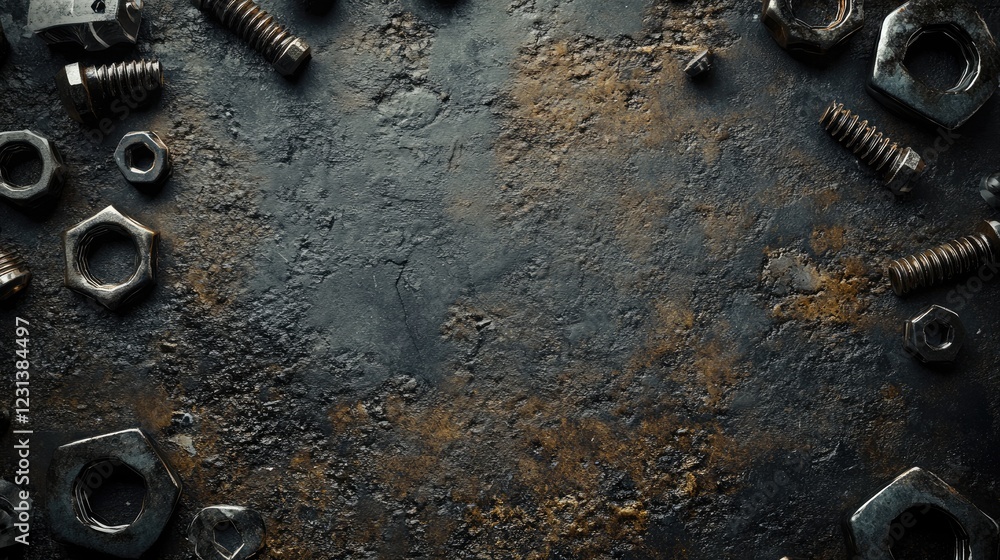 Poster A close-up of scattered nuts and bolts on a textured surface, creating a mechanical, industrial background for tools or engineering-related concepts