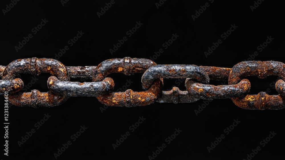 Poster a close-up shot of a rusted, worn chain and padlock on a black background, illustrating concepts of 