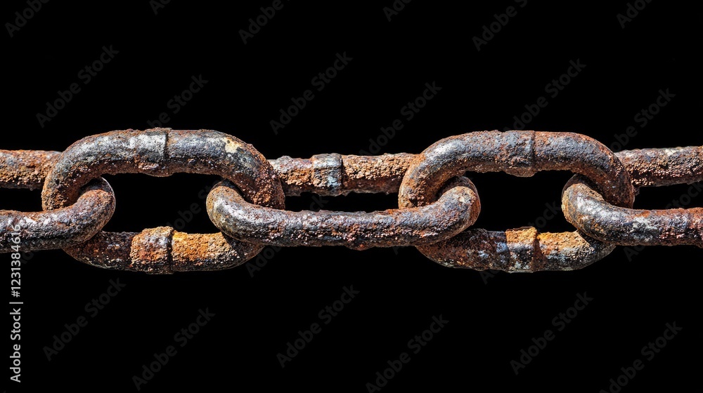 Poster a close-up shot of a rusted, worn chain and padlock on a black background, illustrating concepts of 