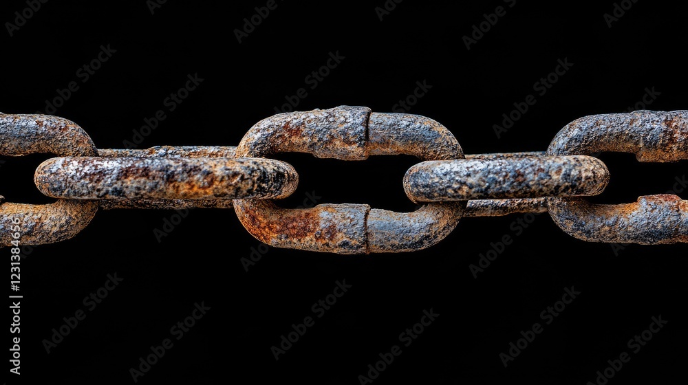 Poster a close-up shot of a rusted, worn chain and padlock on a black background, illustrating concepts of 