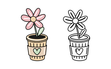 Potted flower illustration in color and outline eco doodle style