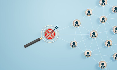 Red dartboard and red arrow connection linkage with human icon for customer focus target group and...