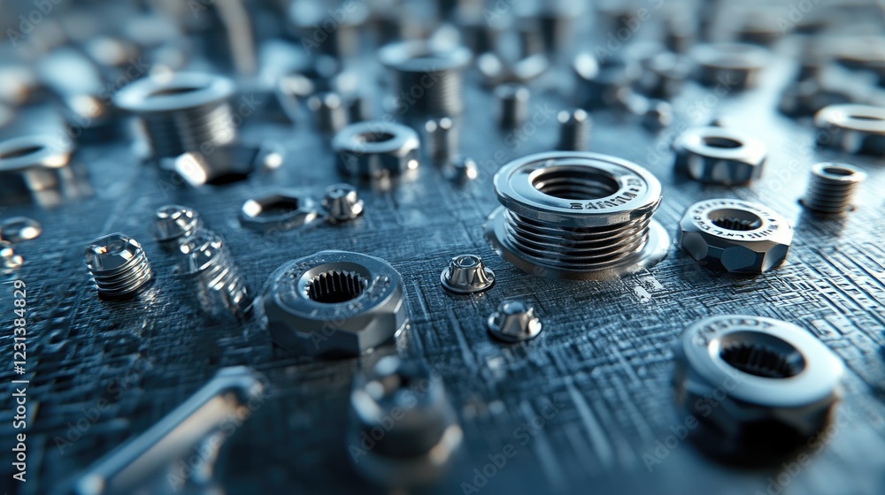 Poster a close-up shot of nuts, bolts, and washers scattered on a surface, creating a detailed and textured