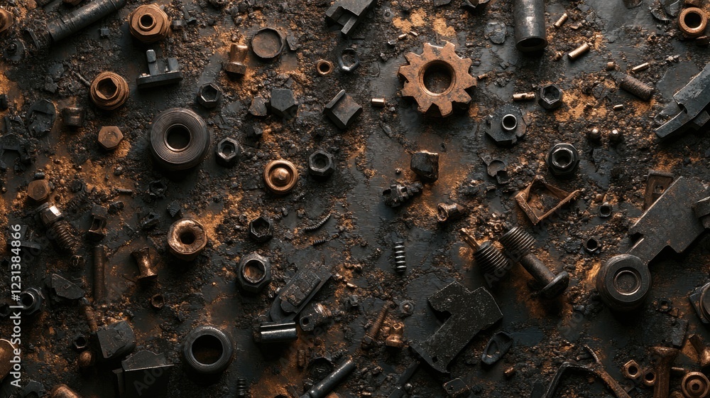 Poster a close-up shot of nuts, bolts, and washers scattered on a surface, creating a detailed and textured