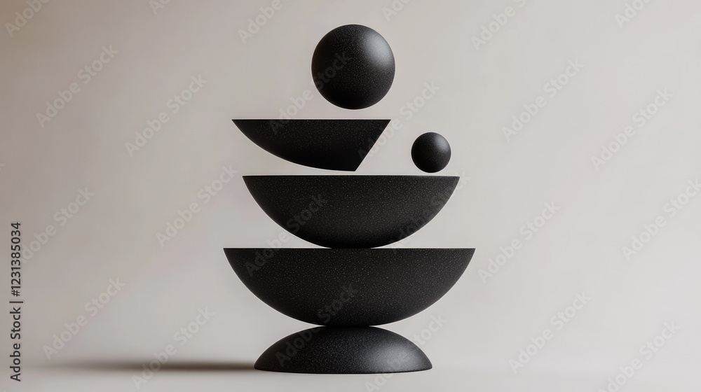 Poster a collection of black metallic geometric shapes balanced atop one another, symbolizing balance, desi