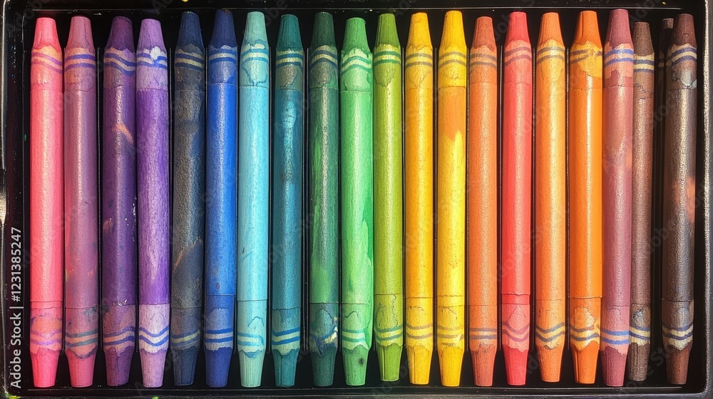 Poster A collection of rainbow-colored crayons in a box, arranged neatly on a flat surface, creating a playful and colorful atmosphere for art and design themes