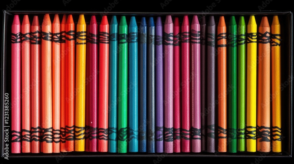 Poster A collection of rainbow-colored crayons in a box, arranged neatly on a flat surface, creating a playful and colorful atmosphere for art and design themes