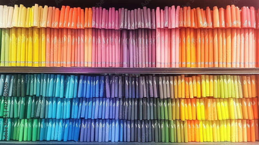 Poster A collection of rainbow-colored crayons in a box, arranged neatly on a flat surface, creating a playful and colorful atmosphere for art and design themes