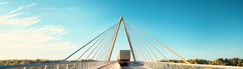 Obraz premium Optimizing Logistics for Efficient Operations, Modern cable-stayed bridge with a truck crossing under a clear blue sky.