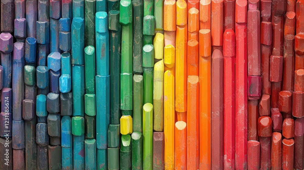 Poster A colorful array of crayons from a box arranged in a rainbow gradient, ideal for creative, artistic, or childhood education themes
