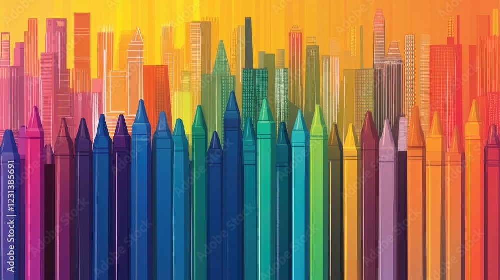 Poster A colorful array of crayons from a box arranged in a rainbow gradient, ideal for creative, artistic, or childhood education themes