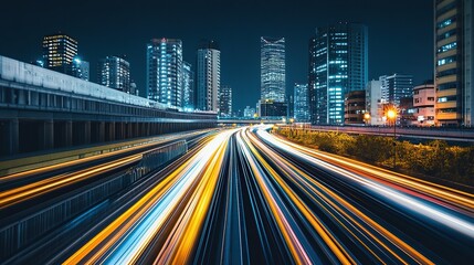 Obraz premium Night city highway light trails, urban skyline backdrop