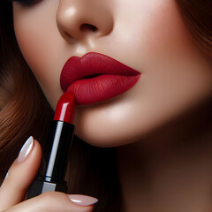A Close up view of beautiful woman lips with red matt lipstick