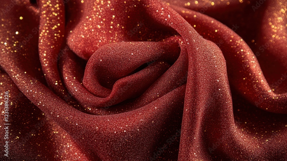 Poster shimmering red fabric with golden sparkles on soft texture