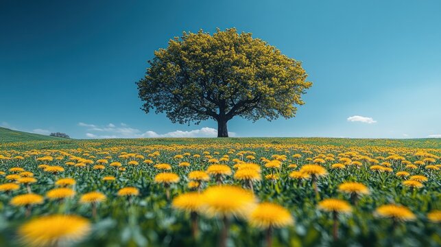 Solitary tree in vibrant dandelion field under a clear blue sky.