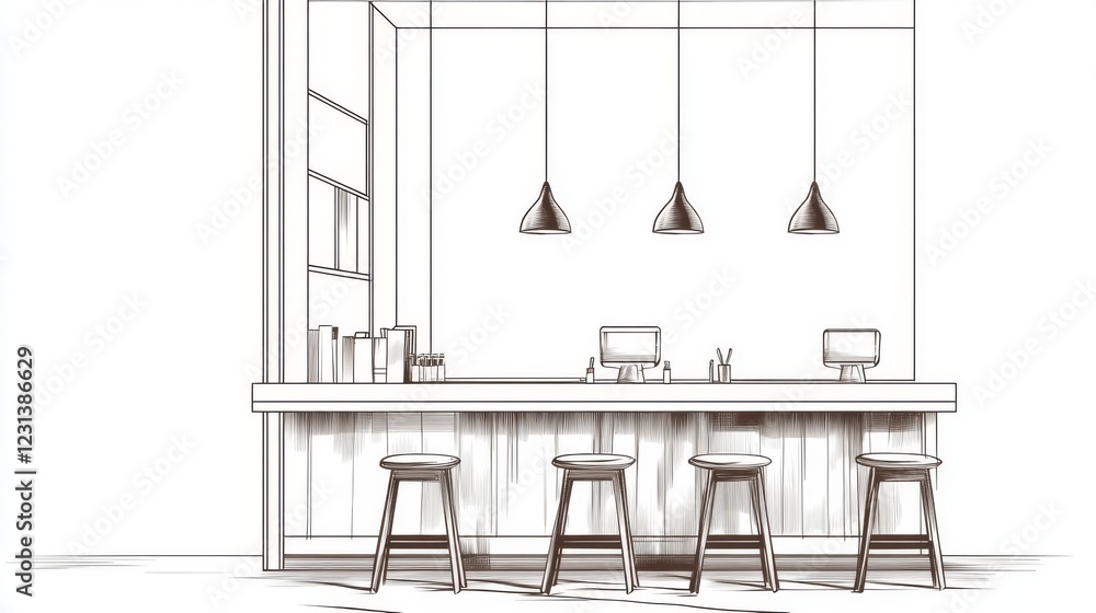 Poster sketch of a modern bar counter with stools and pendant lights.