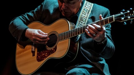 Obraz premium Musician Playing Acoustic Guitar On Stage With Dramatic Lighting