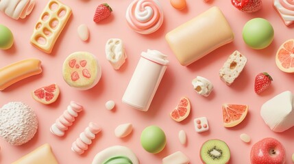 Obraz premium A colorful arrangement of various sweet treats and candies against a pink background, showcasing delightful shapes and vibrant colors.