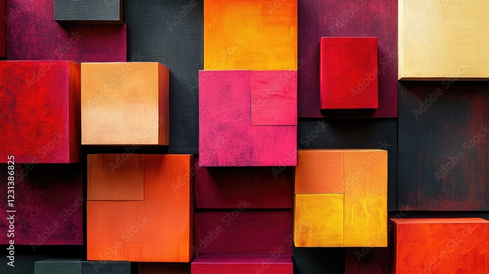 Poster a creative arrangement of abstract boxes, each with different colors and textures, symbolizing innov