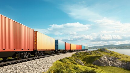 Obraz premium Optimizing Logistics for Efficient Operations, Colorful freight train containers alongside a scenic landscape under a bright blue sky.