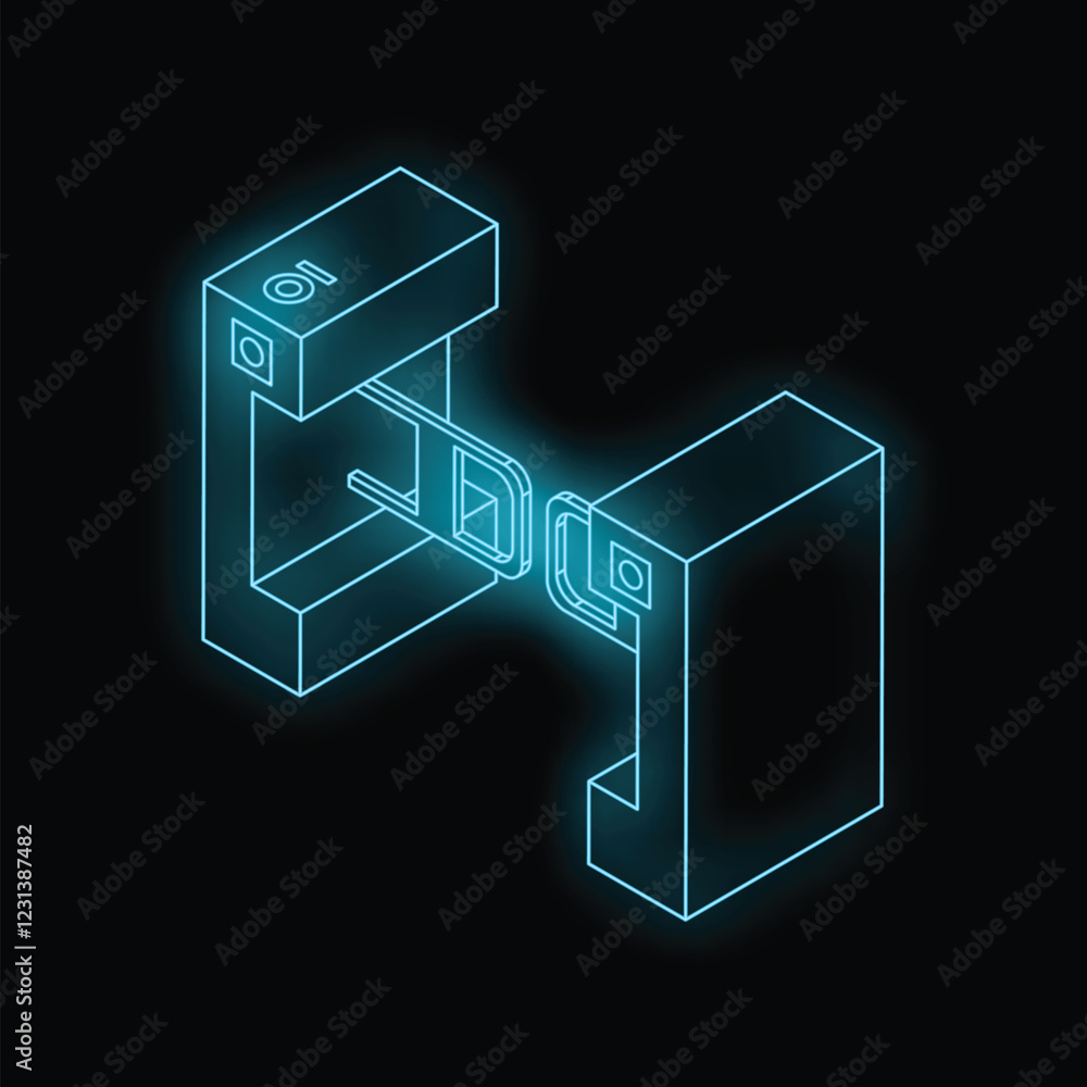 Poster futuristic neon blue blockchain technology connecting two blocks securely, representing cryptocurren