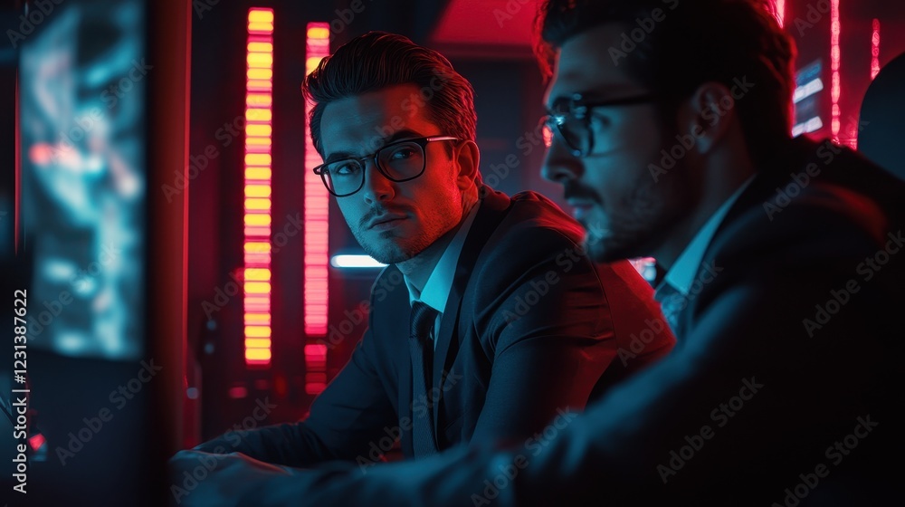 Poster two men in suits focus intently while analyzing data in a dimly lit room filled with colorful lights
