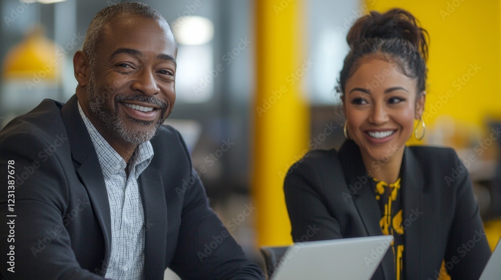 Poster two smiling business executives share a moment of excitement while discussing strategies in a modern