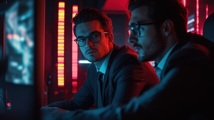 Obraz premium Two men in suits focus intently while analyzing data in a dimly lit room filled with colorful lights