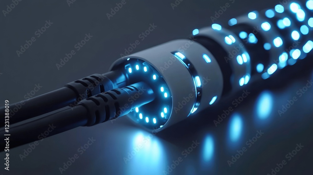 Poster A detailed view of a network cable attached to a firewall, with LED lights flashing, signifying secure data transmission in advanced cybersecurity systems