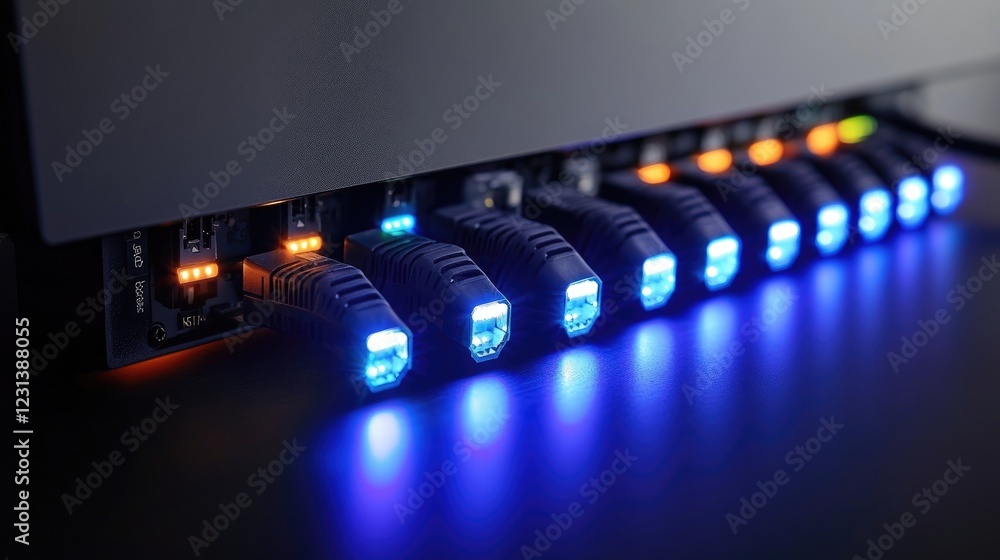Fototapete a detailed view of a network cable attached to a firewall, with led lights flashing, signifying secu