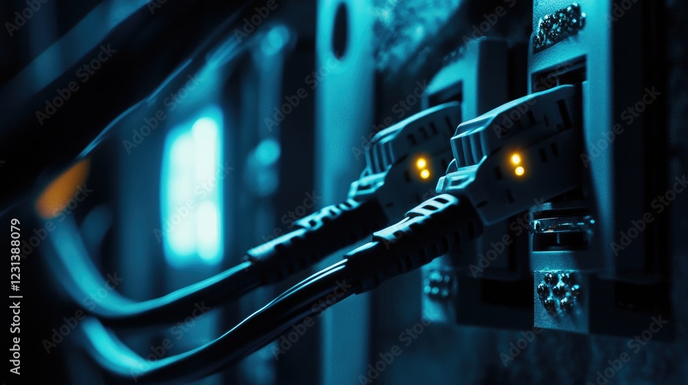 Aufkleber A detailed view of a network cable attached to a firewall, with LED lights flashing, signifying secure data transmission in advanced cybersecurity systems