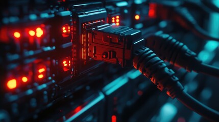 Obraz premium A detailed view of a network cable attached to a firewall, with LED lights flashing, signifying secure data transmission in advanced cybersecurity systems