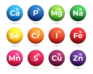 Mineral complex. Set of realistic 3d glossy balls with Mineral nutrition symbol. Vector healthy food supplement icons