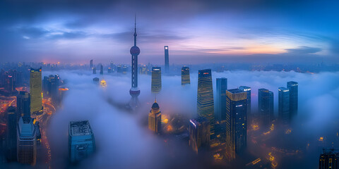 Shanghai skyline emerging from mist in a stunning panoramic night view
