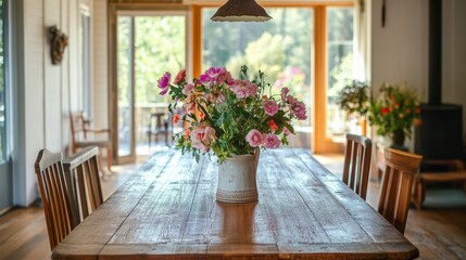 Elegant Dining Room with Wooden Table and Fresh Flower Arrangement