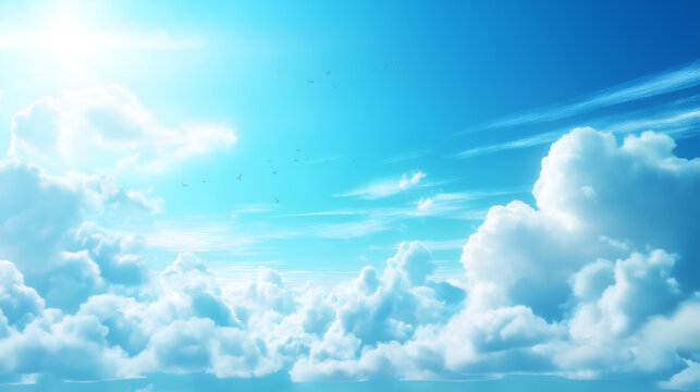 Majestic cumulus clouds under a vivid blue sky, basking in sunlight