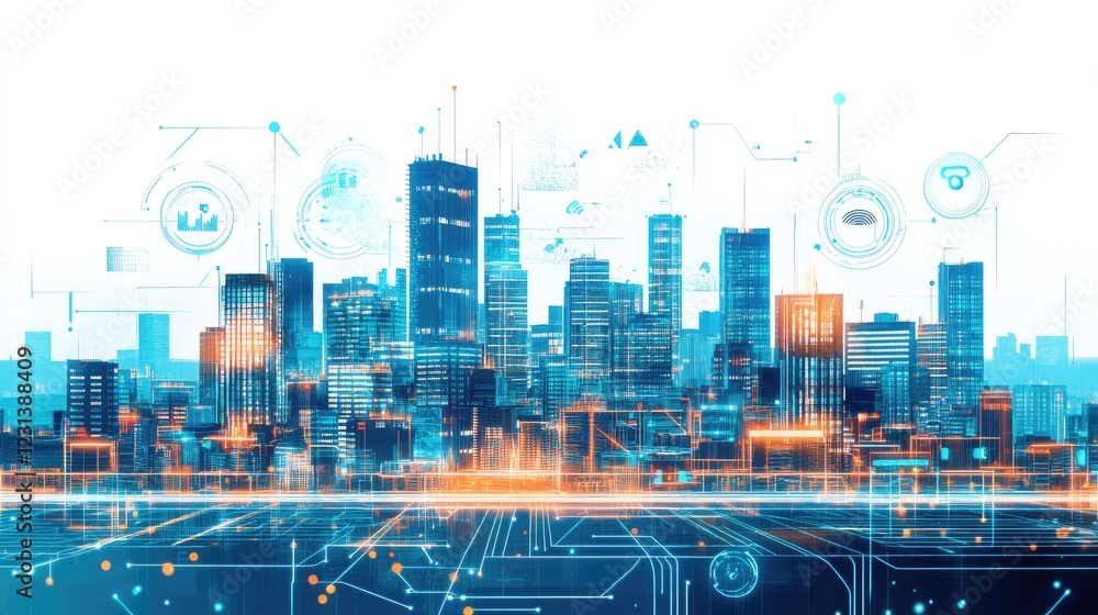 Aufkleber a digital representation of a high-tech futuristic city with integrated robotic systems and smart te