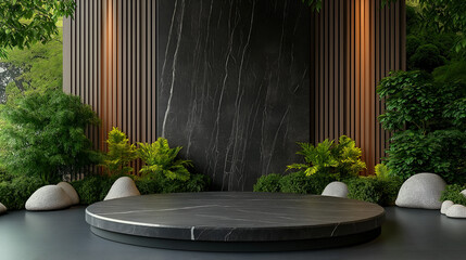 Modern circular podium with natural elements and earthy aesthetics
