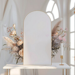 Elegant arched wedding signage with floral decor on marble table.