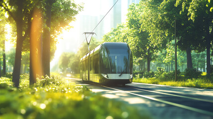 A modern electric tram moving through a green urban park, symbolizing clean public transport