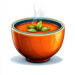 Steaming Tomato Soup in Orange Bowl with Basil Garnish