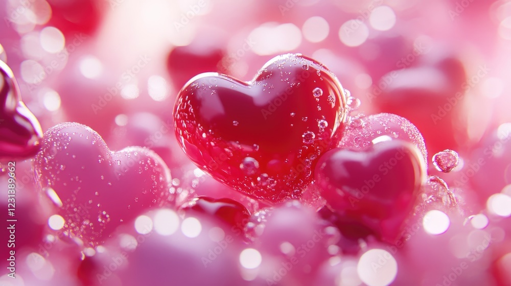 Poster a dreamy generative ai design featuring red and pink hearts, creating a romantic background for vale