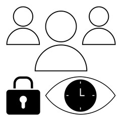 Outlined person icons, a lock symbolizing security, and an eye with a clock emphasizing time awareness. Ideal for teamwork, privacy, planning, security, focus management and workflow. Abstract line